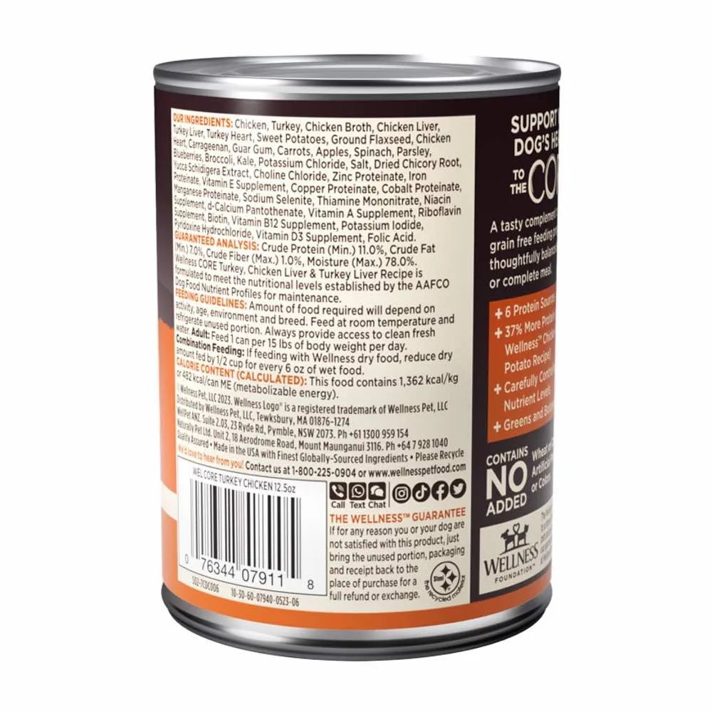 20% OFF: Wellness CORE Grain-Free Turkey, Chicken Liver & Turkey Liver Canned Dog Food 354g