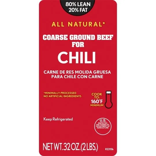 All Natural* 80% Lean/20% Fat Coarse Ground Beef for Chili Tray, 2 lb Tray