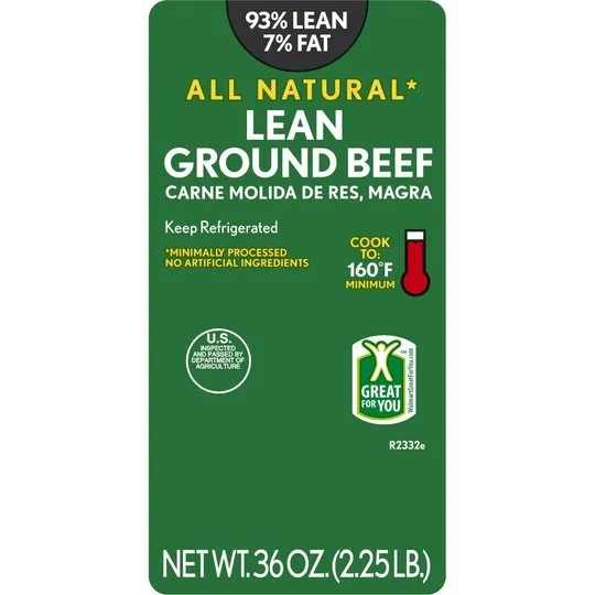 All Natural* 93% Lean/7% Fat Lean Ground Beef, 2.25 lb Tray