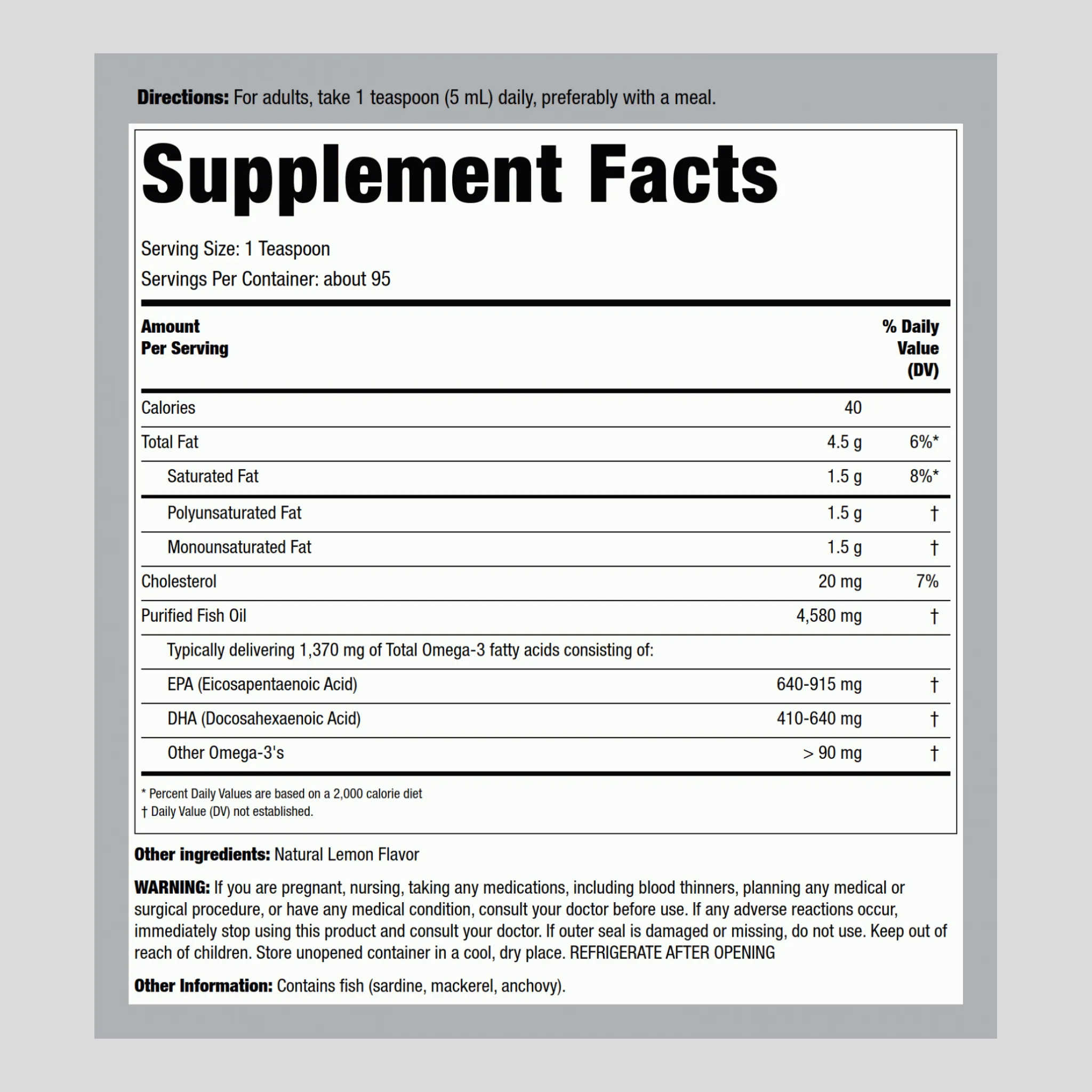 Liquid Omega-3 (Natural Lemon), 4580 mg (per serving), 16 fl oz (473 mL) Bottle