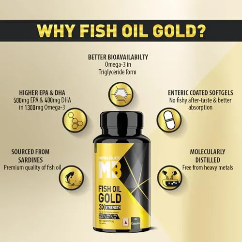 MuscleBlaze Omega 3 Fish Oil Gold, 1300mg Omega 3 with 500mg EPA & 400mg DHA, 3x Triple Strength Formula, No Fishy Aftertaste, 60 Omega 3 Fish Oil Capsules