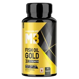 MuscleBlaze Omega 3 Fish Oil Gold, 1300mg Omega 3 with 500mg EPA & 400mg DHA, 3x Triple Strength Formula, No Fishy Aftertaste, 60 Omega 3 Fish Oil Capsules