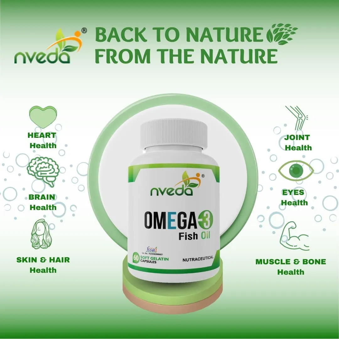 Nveda Omega-3-Fish-Oil 1000mg For Men & Women, Omega 3 fatty-acid 60 Capsules with 180mg EPA-DHA 120mg for Healthy Heart, Eyes, Brain & Joints - Pack of 1