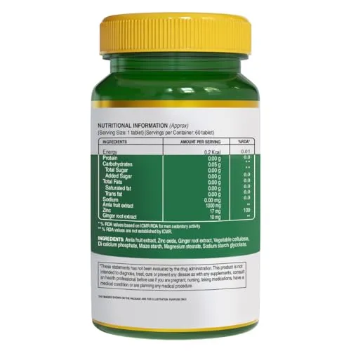 Pure Nutrition Vitamin C with Amla Extract   Zinc Supplement | Boost Immunity | Support In Skin & bone Health - 60 Veg Tablets