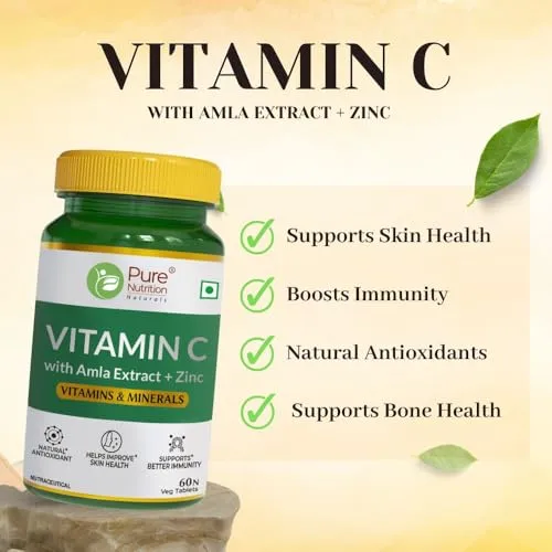 Pure Nutrition Vitamin C with Amla Extract   Zinc Supplement | Boost Immunity | Support In Skin & bone Health - 60 Veg Tablets