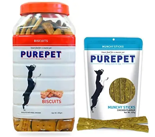 Purepet Treat Combo Offer - Chicken Flavor Biscuit Jar (2 x 455g)   Munchy Sticks, Chicken Flavor (2 x 400g) - Pack of 4