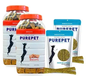 Purepet Treat Combo Offer - Chicken Flavor Biscuit Jar (2 x 455g)   Munchy Sticks, Chicken Flavor (2 x 400g) - Pack of 4