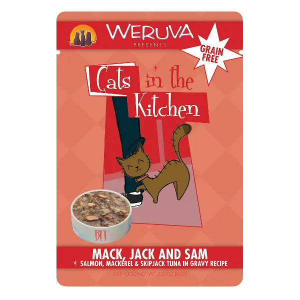 Weruva Cats in the Kitchen Mack, Jack & Sam Salmon, Mackerel & Skip Jack Tuna in Gravy Recipe Cat Food Pouches 3 oz