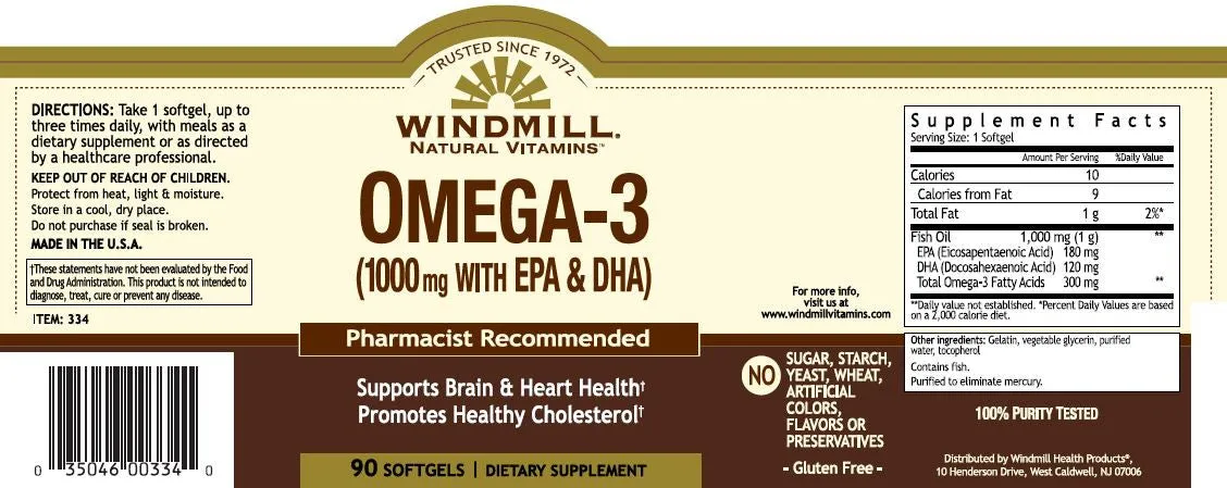 Windmill Omega 3 EPA & DHA Fish Oil, 1000 MG, 180 count