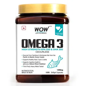 WOW Life Science Omega-3 Fish Oil 1300 mg Triple Strength - 550mg EPA & 350mg DHA for Joints, Heart & Brain Health - 180 Capsules